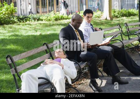 Businesswoman sleeping on a bench with two businessmen sitting beside her and looking at a laptop Stock Photo