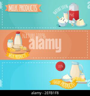 Set of horizontal banners with composition from milk products including sour cheese butter curd isolated vector illustration Stock Vector