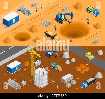 Construction set of two horizontal banners with isometric images of building yard constructional materials and machinery vector illustration Stock Vector