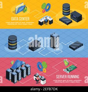 Set of three horizontal datacenter banners with isometric images of network enclosure server equipment with pictograms vector illustration Stock Vector
