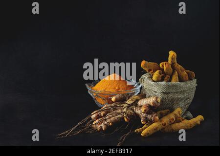 Turmeric is the Indian spice that gives yellow color to curry and is a medicinal plant Stock Photo