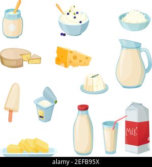 Dairy products set with milk in various packaging cheese yogurt butter curd sour cream isolated vector illustration Stock Vector