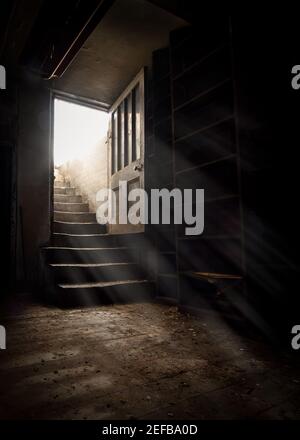 Dark and creepy wooden cellar door open at bottom of old stone stairs bright sun light rays shining through on floor making shadows and scary sinister Stock Photo