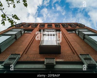 Poznan Poland May 10 2019 Red Brick Wall of Old brewery shopping mall Stock Photo