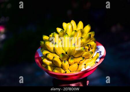 Close up of bananas in a fruit bowl, Agua Azul waterfalls, Chiapas, Mexico Stock Photo