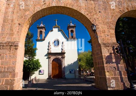 Church viewed through an arch, Iglesia De Maria Lourdes, Morelia, Michoacan State, Mexico Stock Photo