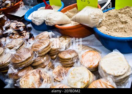 High angle view of breads and spices at a market stall, Zacatecas State, Mexico Stock Photo