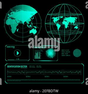 Set of glowing screen elements of search radar in blue color on black background isolated vector illustration Stock Vector