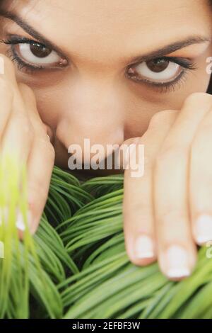 Portrait of a young woman separating wheatgrass with her hands Stock Photo