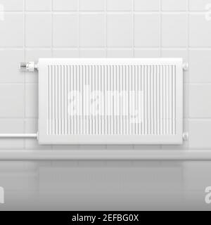 Hor water radiator heating with temperature control knob on tiled wall side view realistic image vector illustration Stock Vector