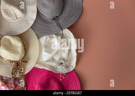 The wall hung various retro hats. And there is very colors in the photo. Stock Photo