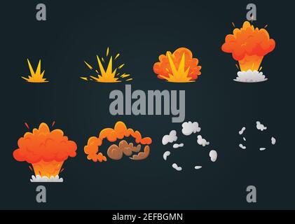 Colored explosion animation icon set with explosion process step by step on black background vector illustration Stock Vector