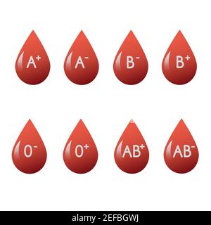 Blood drops with blood groups types isolated on white background. Stock Vector