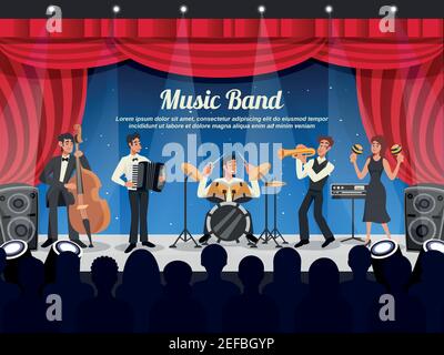 Cartoon colored musician illustration with music band performs on stage in front of a crowd vector illustration Stock Vector