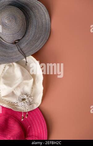 The wall hung various retro hats. And there is very colors in the photo. Stock Photo