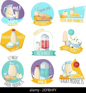 Set of logos with dairy products including milk curd butter cheese and design elements isolated vector illustration Stock Vector