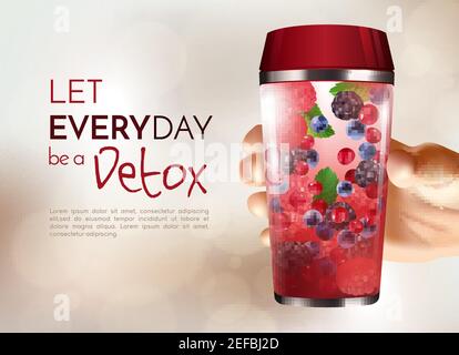 Poster with hand holding detox bottle with berries inside on beige blurred background 3d design vector illustration Stock Vector