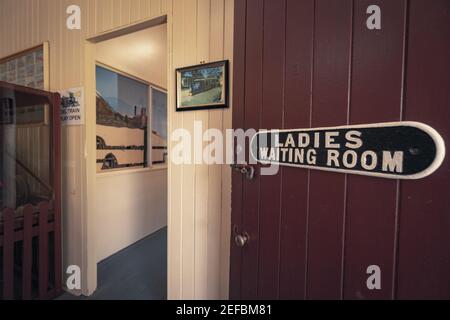 Old-fashioned Ladies Waiting Room sign at a train station Stock Photo