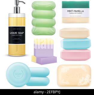 Realistic soap set with colored pieces of solid soap and spray with liquid soap isolated on white background vector illustration Stock Vector
