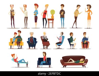 Visit to psychologist set of specialists and persons needing in advice including family couple isolated vector illustration Stock Vector