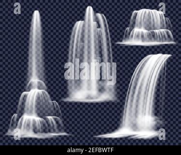 Set of realistic waterfalls including cascading streams of various shape on transparent background isolated vector illustration Stock Vector