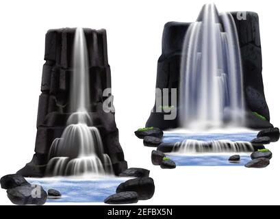 Colored waterfalls realistic composition set for game development and building two different variants vector illustration Stock Vector