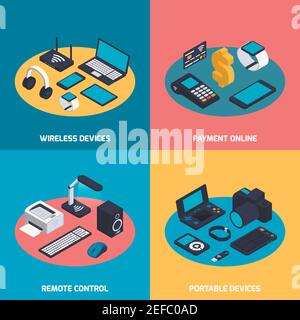 Electronic devices. Isometric wireless gadgets connection. Remote