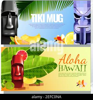 Hawaiian party horizontal banners with tiki mugs, lettering aloha, fruits, flowers and tropical plants isolated vector illustration Stock Vector
