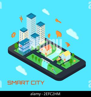 Smart city isometric design concept with private houses and office buildings located on smartphone screen and signs of remote management vector illust Stock Vector