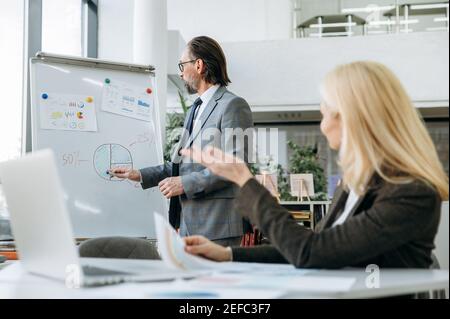 Concept of business briefing meeting in modern office. Senior adult business man in stylish suit, is presentation financial report to successful female colleague Stock Photo