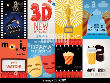 Set of eight cinema posters with film festival advertising and movie lunch symbols flat isolated vector illustration Stock Vector