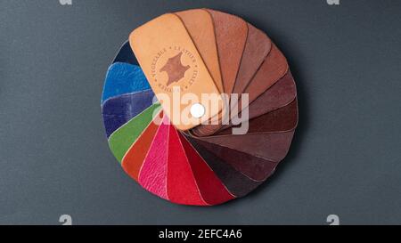 high quality italy vegetable leather sample card with 18 different colors(camel,brown,black,red,pink,green,navy,blue) on black background. Stock Photo