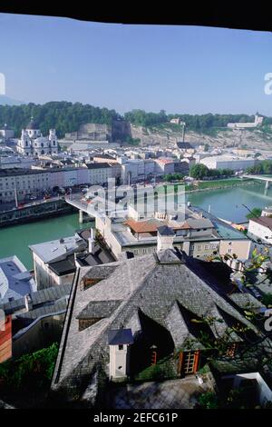 High angle view of a river flowing through a city, Salzach River, Salzburg, Austria Stock Photo