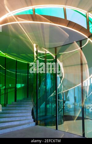 Long-exposure photography of a lit stairwell in a building. Stock Photo