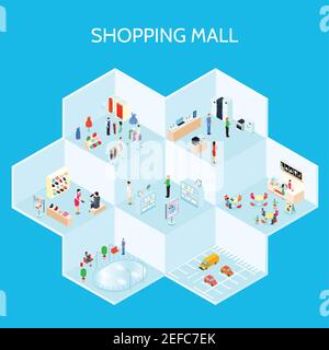 Isometric shopping mall composition with different type of stores and with walls vector illustration Stock Vector