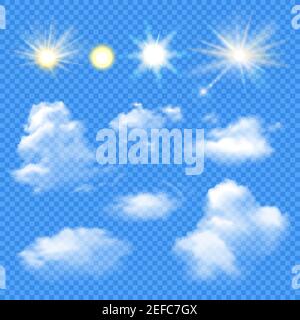 Set of sun in different brightness and clouds of various shape on transparent background isolated vector illustration Stock Vector