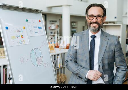 Satisfied confident male senior manager or ceo wearing formal stylish suit and eyeglasses stands in the office, near flipchart with financial graphs, looking and friendly smiling at the camera Stock Photo