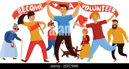 Volunteers composition with young people and teenage kids flat cartoon style characters holding banner and flags vector illustration Stock Vector