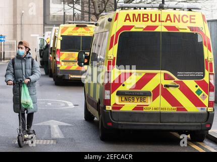 Ambulances at the Royal London Hospital in London during England's third national lockdown to curb the spread of coronavirus. Picture date: Wednesday February 17, 2021. Stock Photo