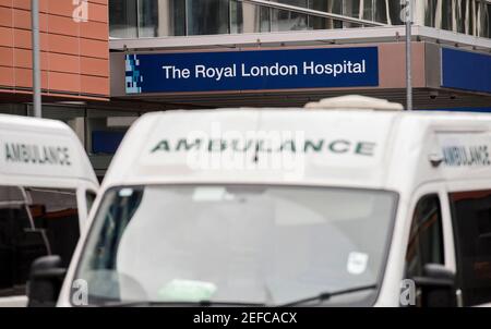 Ambulances at the Royal London Hospital in London during England's third national lockdown to curb the spread of coronavirus. Picture date: Wednesday February 17, 2021. Stock Photo