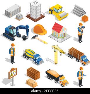 Construction isometric icons collection of isolated building equipment with images of workers machinery and constructional supplies vector illustratio Stock Vector