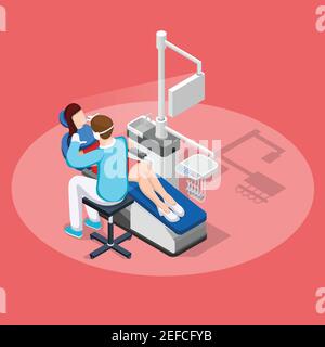 Dentist isometric composition with dental work procedure drilling machine doctor and patient human characters vector illustration Stock Vector