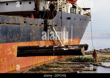 Cargo ship being loaded with logs Stock Photo