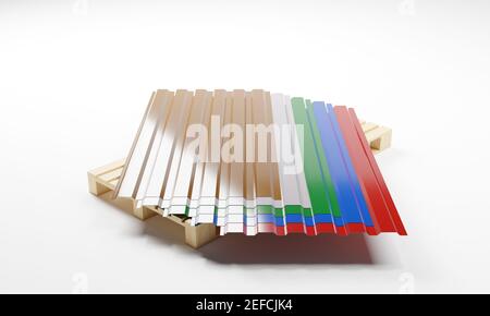 3D render of a metal profiled panel on pallet in the assortment of five popular colors isolated on a white background.Illustration of a digital image Stock Photo