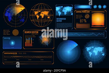 Glowing search radar set of retrieval system control panel user interface elements with graphs and buttons vector illustration Stock Vector