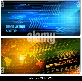 Search radar horizontal banners with glowing screen elements including information sector and world map isolated vector illustration Stock Vector