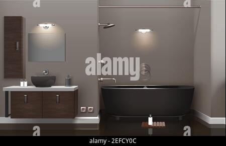 Realistic bathroom interior design with lighting, brown furniture, dark washbasin and tub, glossy floor 3d vector illustration Stock Vector