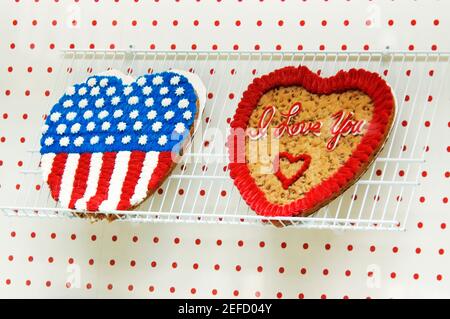 Low angle view of heart shaped cookie cakes Stock Photo