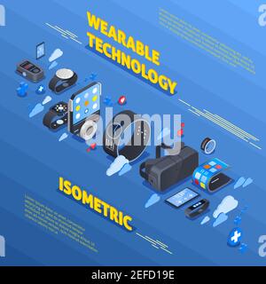 Wearable technology isometric composition with devices for health, watches, fitness trackers on blue textured background vector illustration Stock Vector