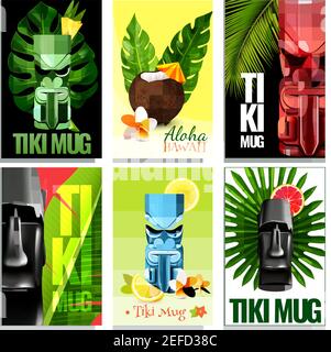 Set of vertical hawaiian cards with tiki mug, fruits, flowers, coconut cocktail, tropical plants isolated vector illustration Stock Vector